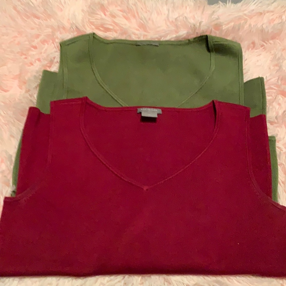 2 Ann Taylor Maroon & Autumn Green V-Neck Shells